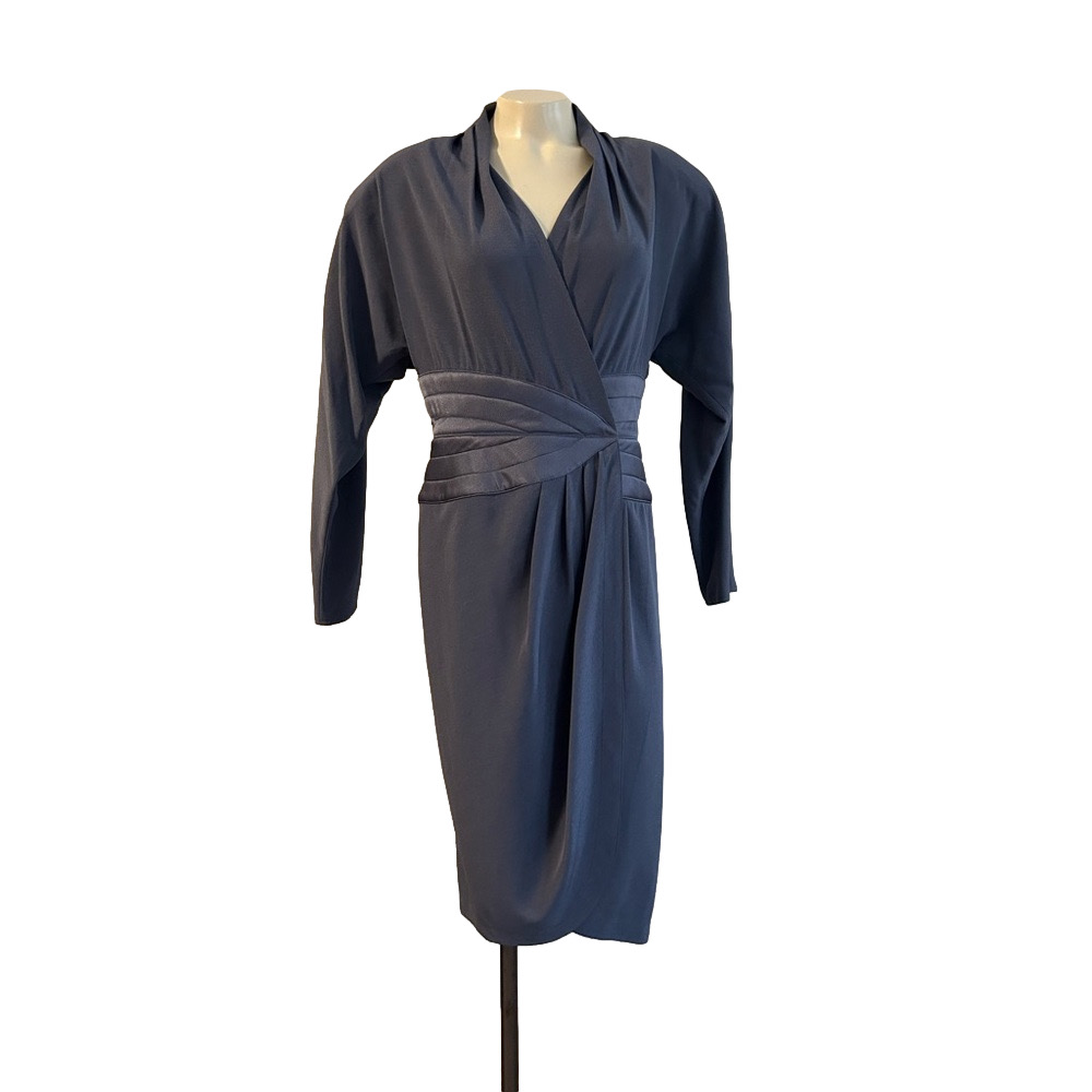 Daymor Couture SZ 10 Charcoal faux wrap hi low front dress NWT